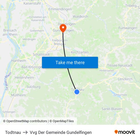 Todtnau to Vvg Der Gemeinde Gundelfingen map