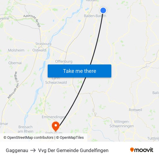 Gaggenau to Vvg Der Gemeinde Gundelfingen map