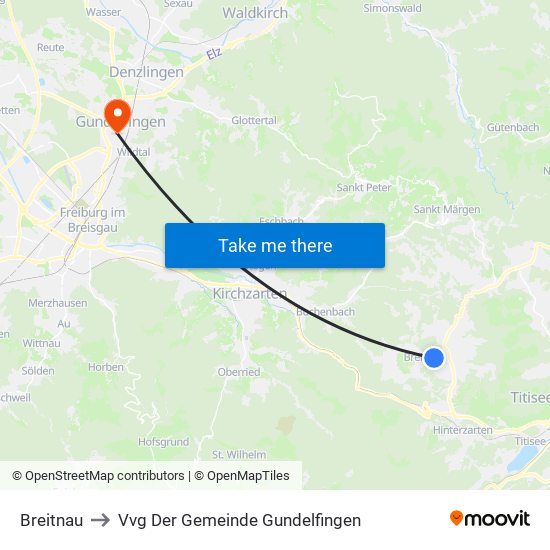 Breitnau to Vvg Der Gemeinde Gundelfingen map