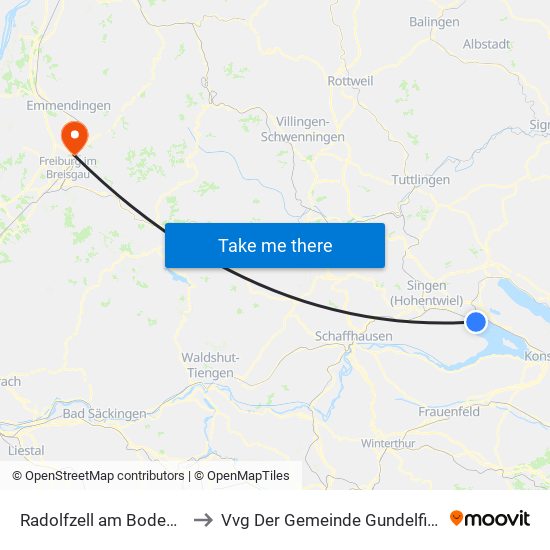 Radolfzell am Bodensee to Vvg Der Gemeinde Gundelfingen map