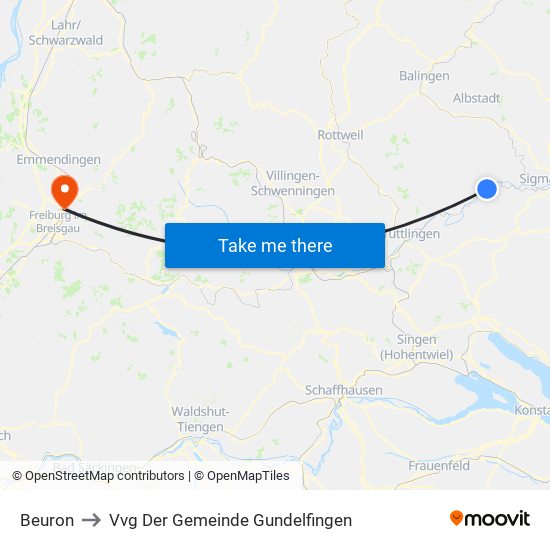 Beuron to Vvg Der Gemeinde Gundelfingen map