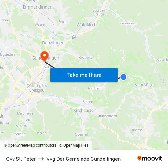 Gvv St. Peter to Vvg Der Gemeinde Gundelfingen map
