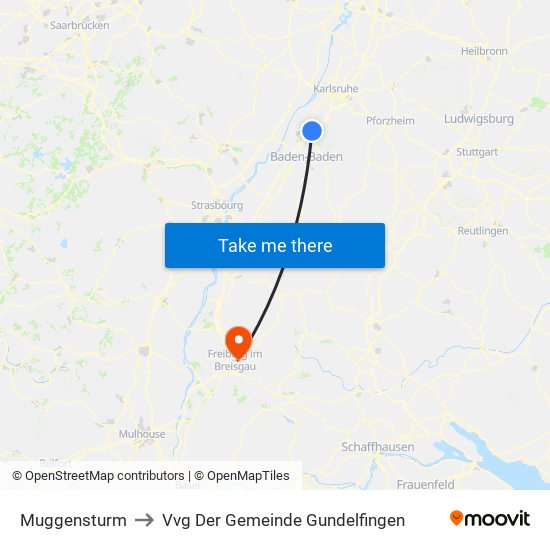 Muggensturm to Vvg Der Gemeinde Gundelfingen map