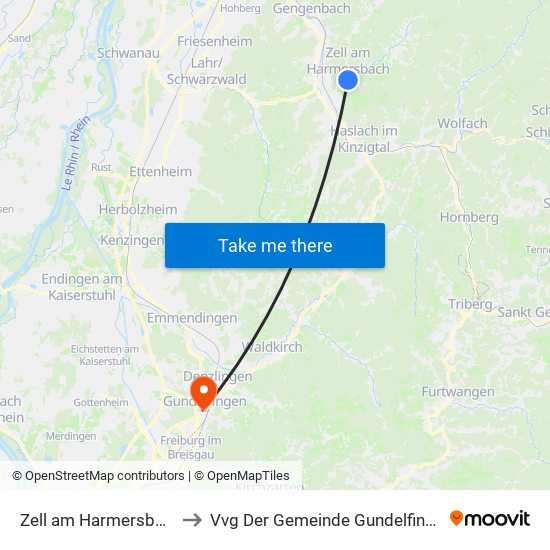 Zell am Harmersbach to Vvg Der Gemeinde Gundelfingen map