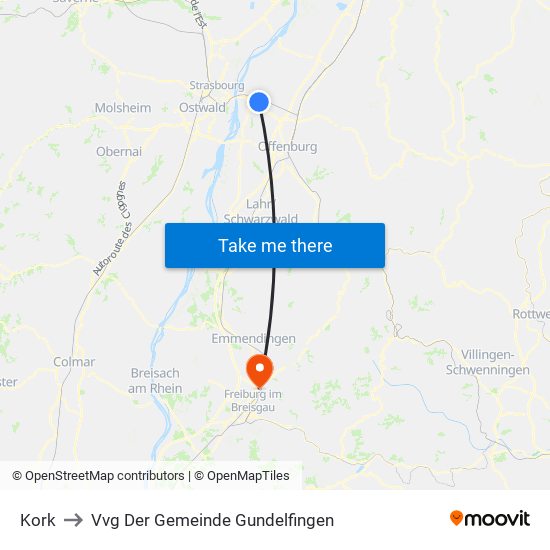 Kork to Vvg Der Gemeinde Gundelfingen map