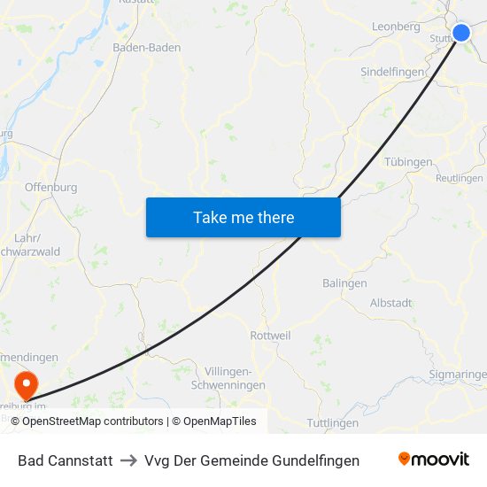 Bad Cannstatt to Vvg Der Gemeinde Gundelfingen map