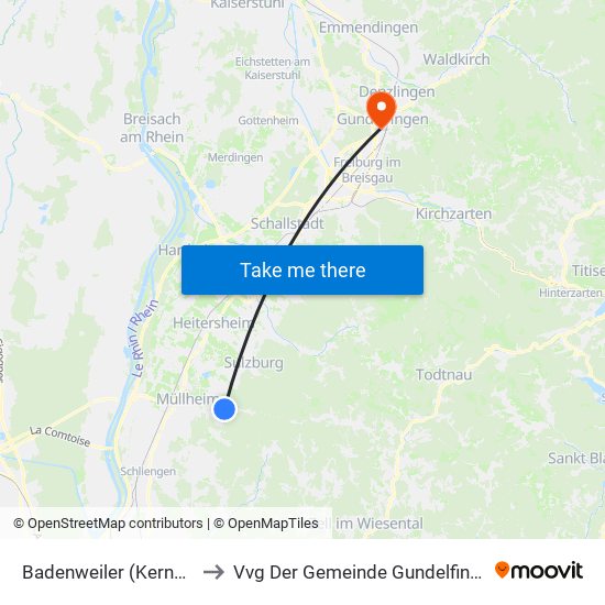 Badenweiler (Kernort) to Vvg Der Gemeinde Gundelfingen map