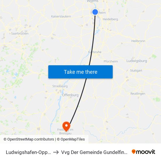 Ludwigshafen-Oppau to Vvg Der Gemeinde Gundelfingen map