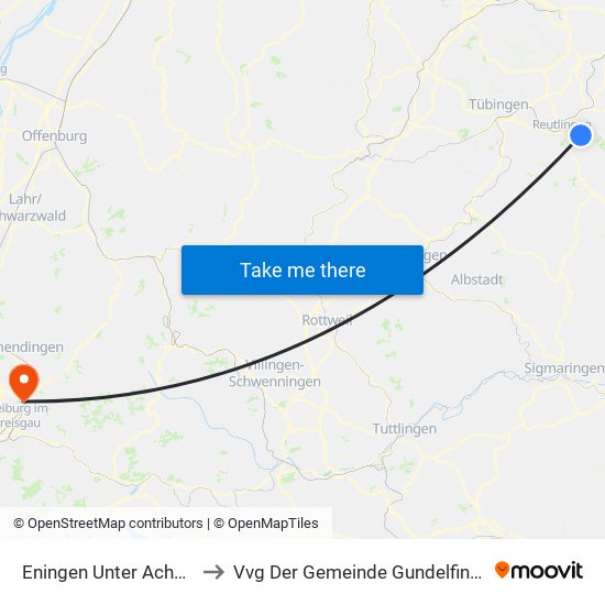 Eningen Unter Achalm to Vvg Der Gemeinde Gundelfingen map