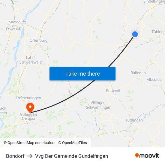 Bondorf to Vvg Der Gemeinde Gundelfingen map