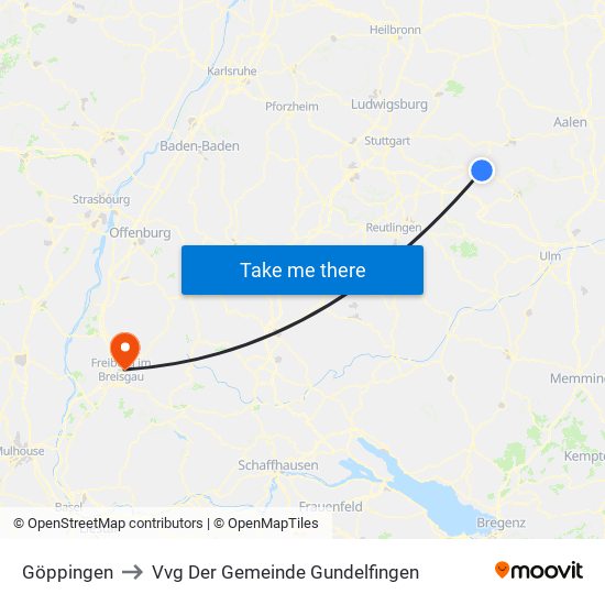 Göppingen to Vvg Der Gemeinde Gundelfingen map