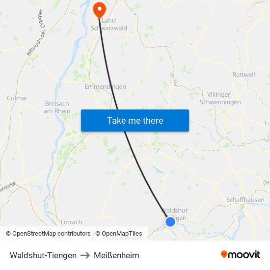 Waldshut-Tiengen to Meißenheim map