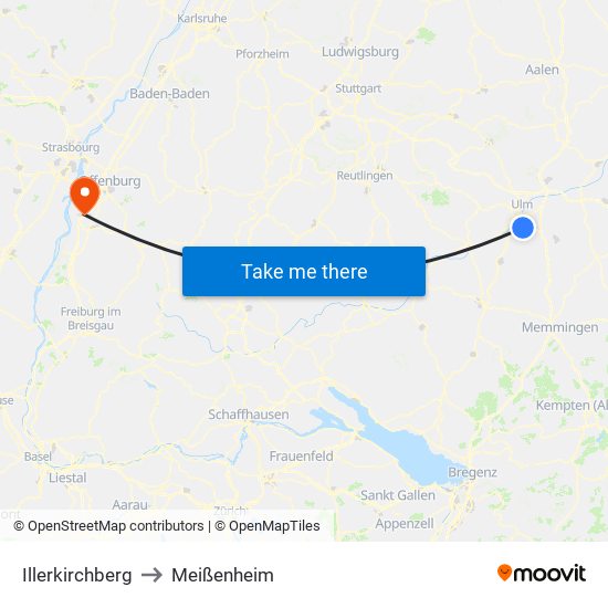 Illerkirchberg to Meißenheim map