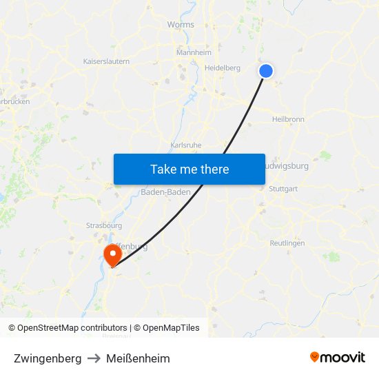 Zwingenberg to Meißenheim map