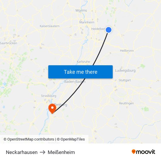 Neckarhausen to Meißenheim map