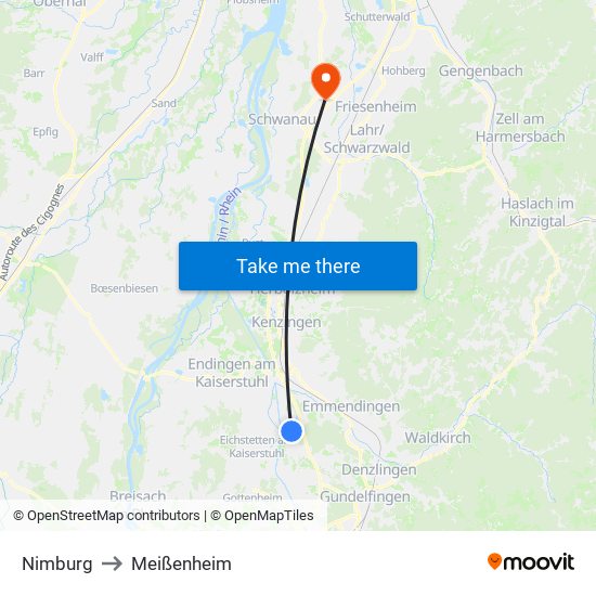 Nimburg to Meißenheim map