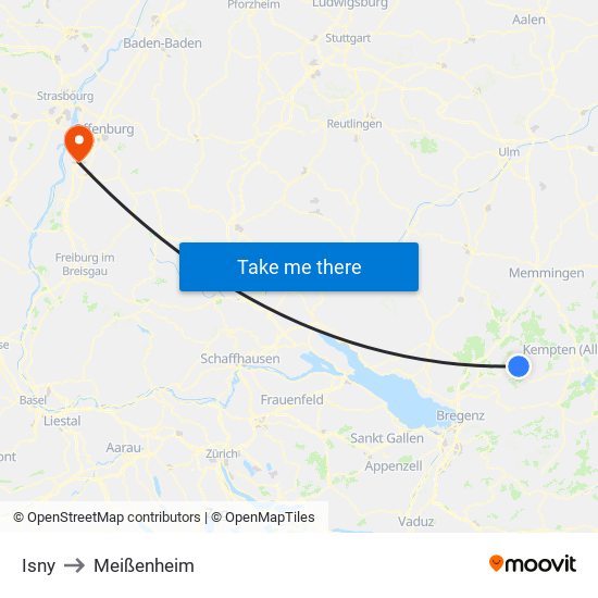 Isny to Meißenheim map