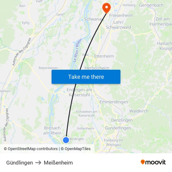 Gündlingen to Meißenheim map