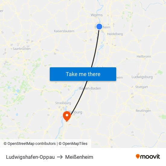 Ludwigshafen-Oppau to Meißenheim map