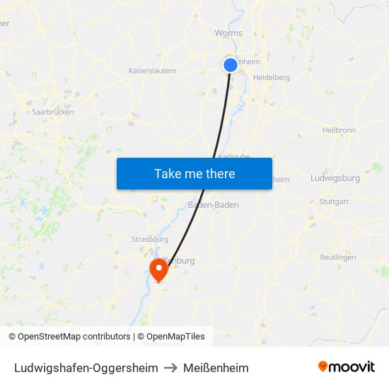 Ludwigshafen-Oggersheim to Meißenheim map