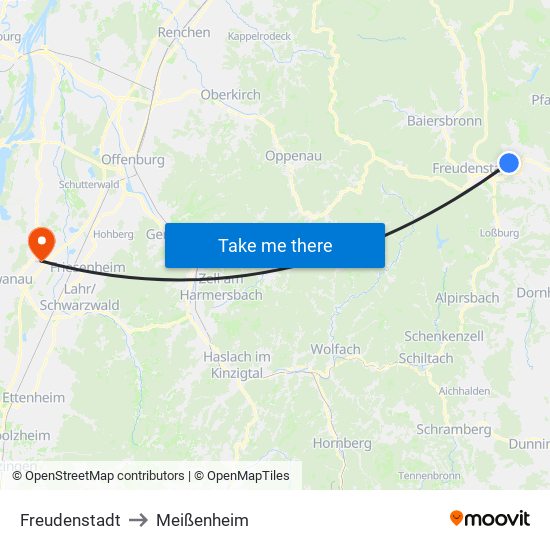 Freudenstadt to Meißenheim map