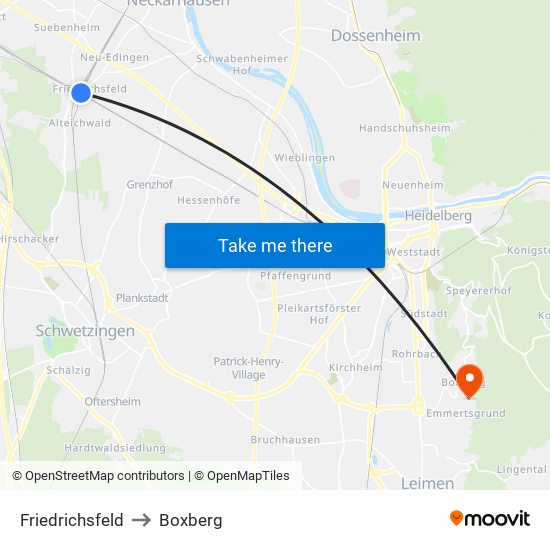 Friedrichsfeld to Boxberg map