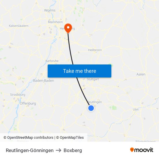 Reutlingen-Gönningen to Boxberg map