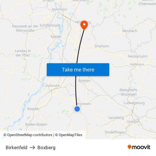 Birkenfeld to Boxberg map