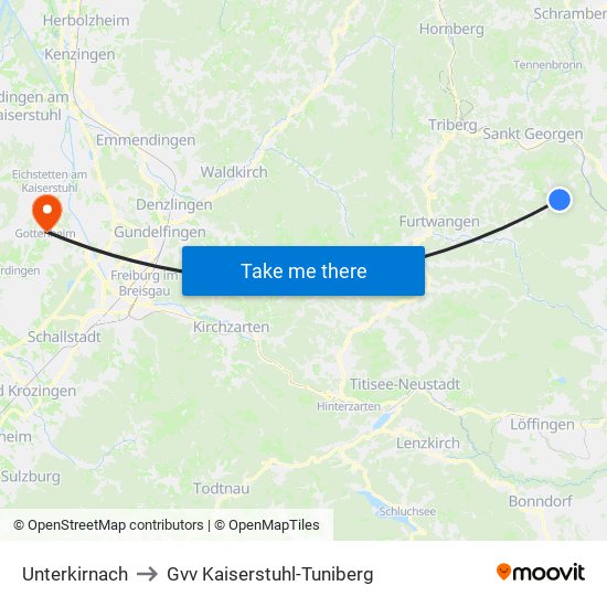 Unterkirnach to Gvv Kaiserstuhl-Tuniberg map