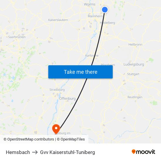 Hemsbach to Gvv Kaiserstuhl-Tuniberg map