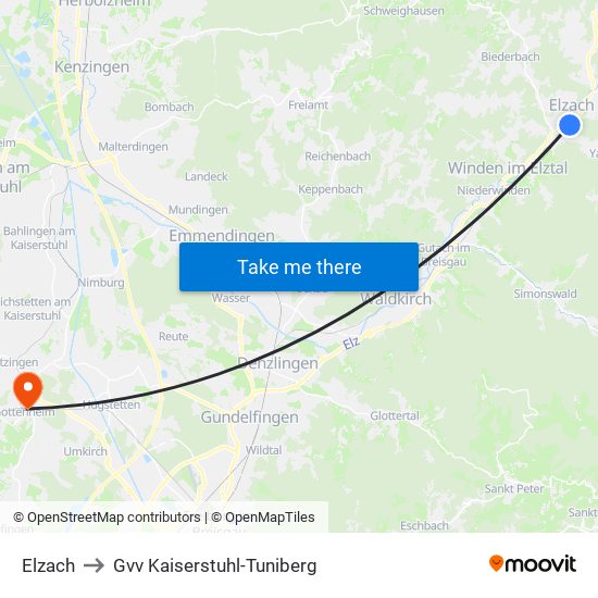 Elzach to Gvv Kaiserstuhl-Tuniberg map