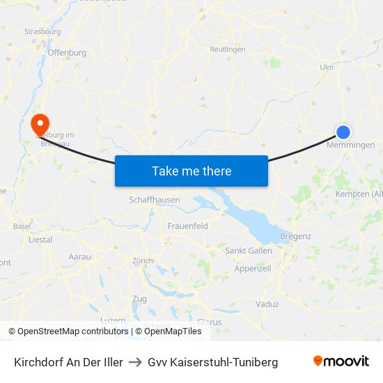 Kirchdorf An Der Iller to Gvv Kaiserstuhl-Tuniberg map