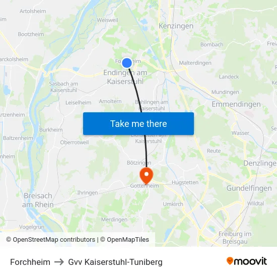 Forchheim to Gvv Kaiserstuhl-Tuniberg map