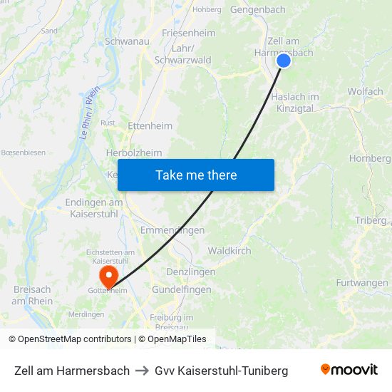 Zell am Harmersbach to Gvv Kaiserstuhl-Tuniberg map