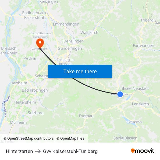 Hinterzarten to Gvv Kaiserstuhl-Tuniberg map