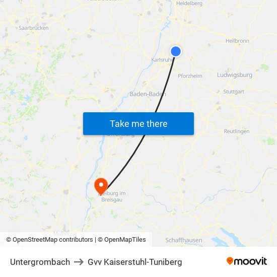 Untergrombach to Gvv Kaiserstuhl-Tuniberg map