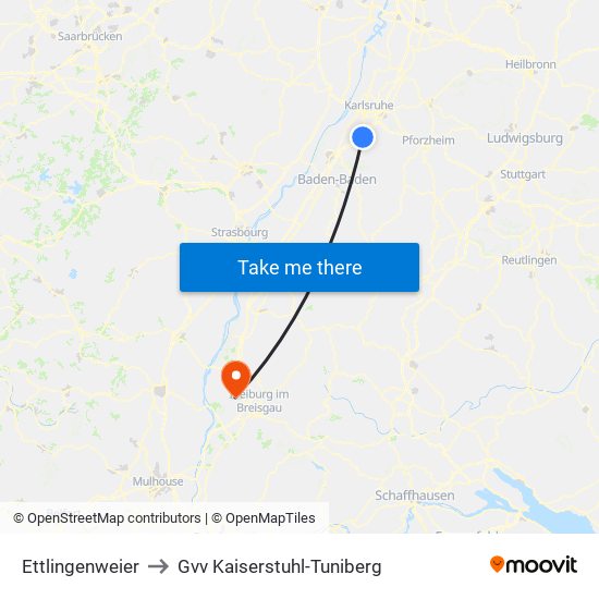 Ettlingenweier to Gvv Kaiserstuhl-Tuniberg map