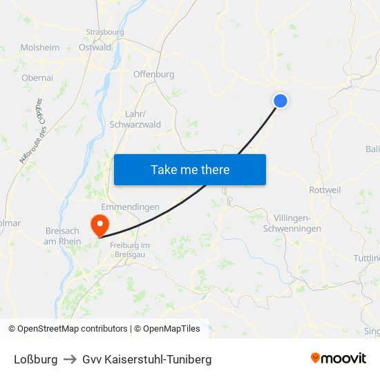 Loßburg to Gvv Kaiserstuhl-Tuniberg map