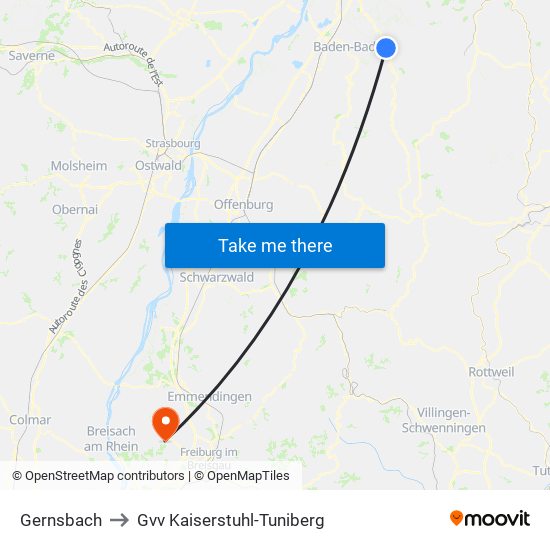 Gernsbach to Gvv Kaiserstuhl-Tuniberg map