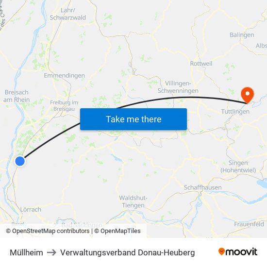 Müllheim to Verwaltungsverband Donau-Heuberg map