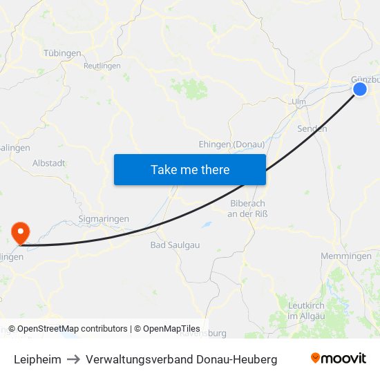 Leipheim to Verwaltungsverband Donau-Heuberg map