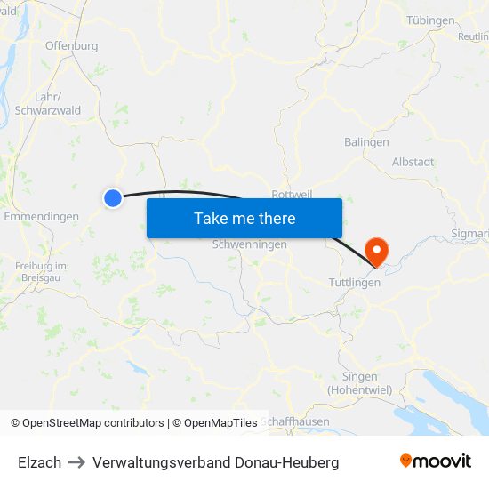 Elzach to Verwaltungsverband Donau-Heuberg map