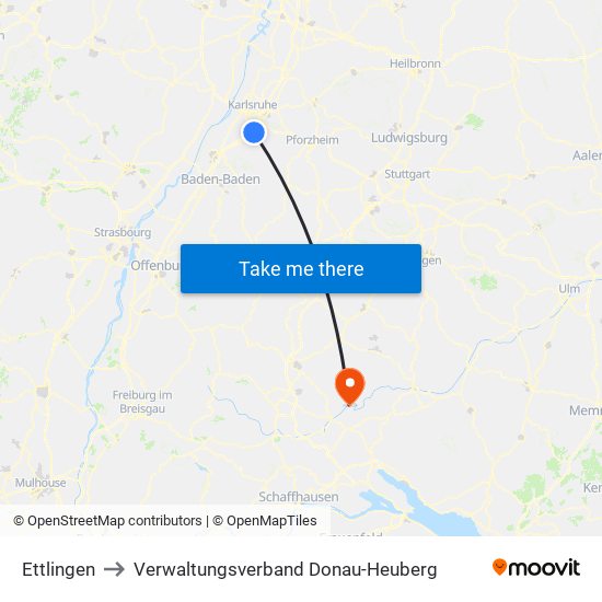 Ettlingen to Verwaltungsverband Donau-Heuberg map