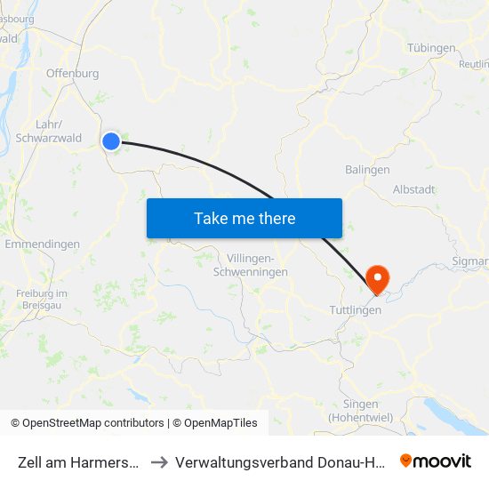 Zell am Harmersbach to Verwaltungsverband Donau-Heuberg map