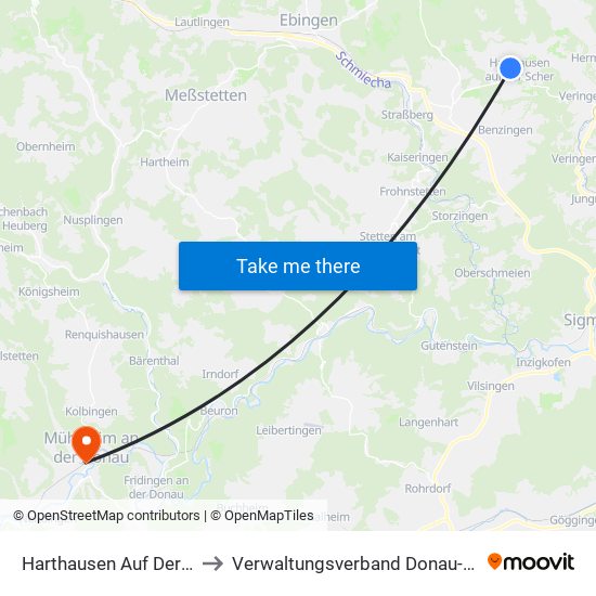 Harthausen Auf Der Scher to Verwaltungsverband Donau-Heuberg map