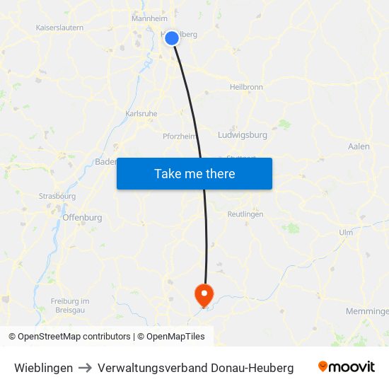 Wieblingen to Verwaltungsverband Donau-Heuberg map
