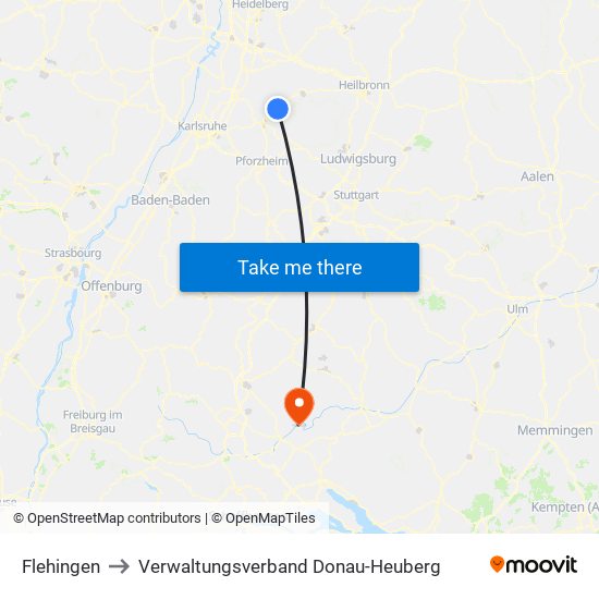 Flehingen to Verwaltungsverband Donau-Heuberg map