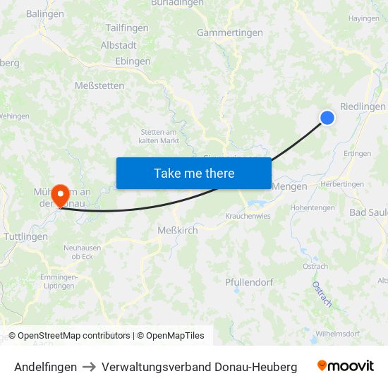 Andelfingen to Verwaltungsverband Donau-Heuberg map