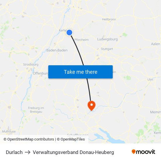 Durlach to Verwaltungsverband Donau-Heuberg map