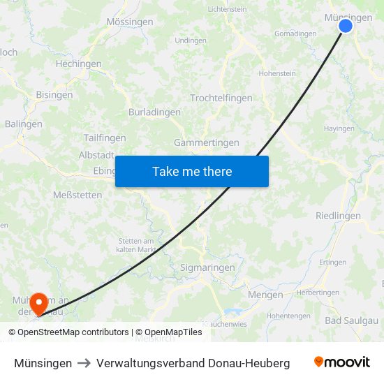 Münsingen to Verwaltungsverband Donau-Heuberg map